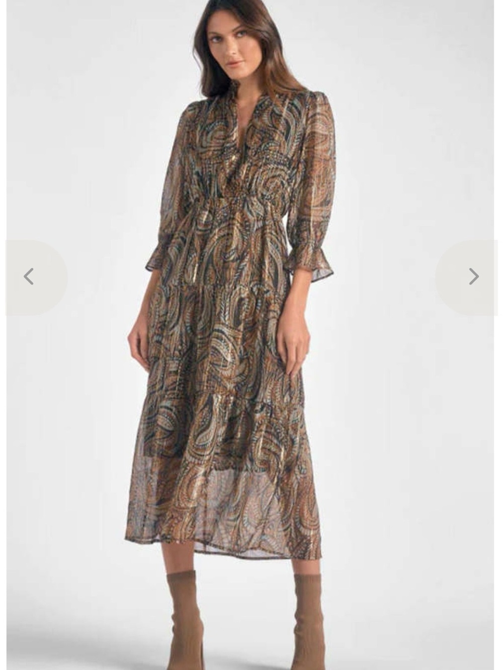 Elan Brown Blue Paisley Metallic Tiered 3/4 Sleeve Midi Dress S Cottagecore
